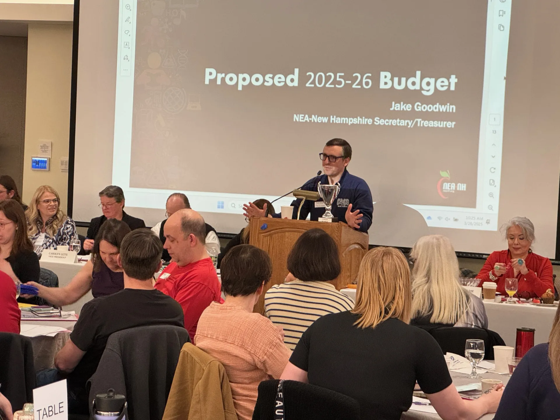 NEA-NH Secretary Jake Goodwin addresses the 2025 Delegate Assembly